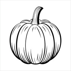 A detailed illustration of a round, ribbed pumpkin with a curved stem. The pumpkin is depicted in a simple black and white style, suitable for coloring or design purposes.