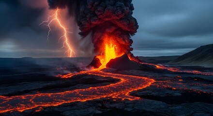 Active Volcano Eruption With Lightning Strike lava