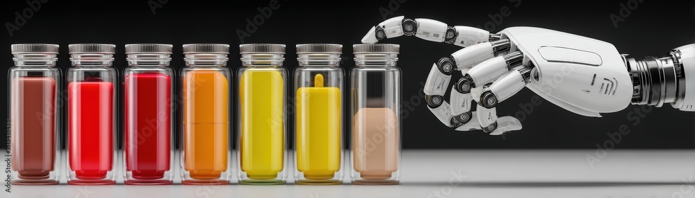 Poster a robotic hand selects a vial from a row of colorful liquid-filled glass containers on a reflective 