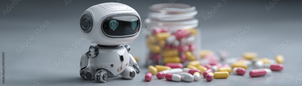 Poster a small, white robot sits next to a jar and scattered multicolored pills on a gray surface