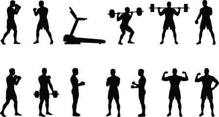 Fitness and workout silhouette vector set – gym, boxing, weightlifting, and treadmill icons
