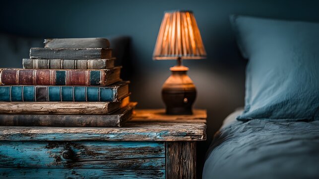 A stack of aged books on a rustic bedside table, illuminated by a warm lamp.