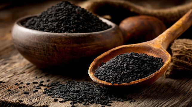 Black cumin or black caraway on a wooden spoon with old wood background