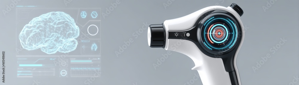 Poster a futuristic handheld device scans a digital brain hologram, illustrating advanced neural technology