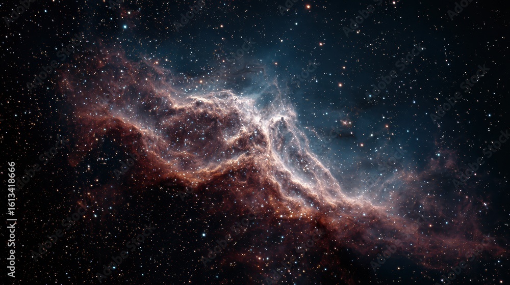 Poster nebula resembling a brain against a starfield with fading colors on the left side in a cosmic settin