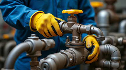 Petroleum Product concept ,Close up of oily gloves handling valve with yellow handle, showcasing industrial work