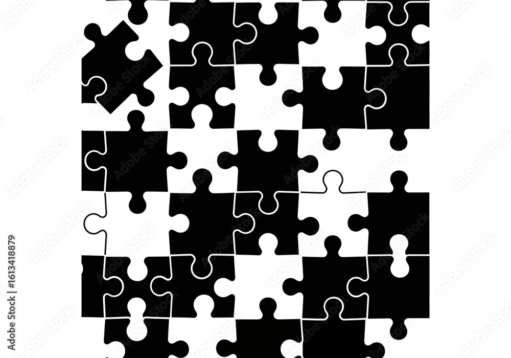 Poster vector art of a black and white jigsaw puzzle with interlocking pieces forming a pattern