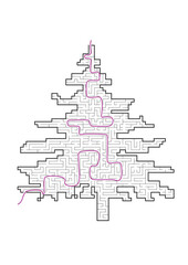Complex maze puzzle game. Christmath tree as a labyrinth No.1 with way. Puzzle for Christmas or New Year holiday. EPS 10, vector illustration