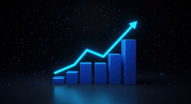 Glowing blue neon line graph shows upward trend over dark background bar chart