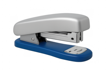 Office stapler with silver top and blue bottom, isolated on transparent background, ready for your design projects