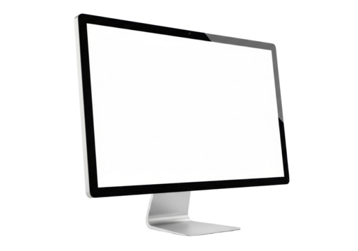 A modern desktop computer monitor with a sleek black bezel and silver metallic stand, featuring a pure blank white screen, isolated against a clean white studio background, concept for technology