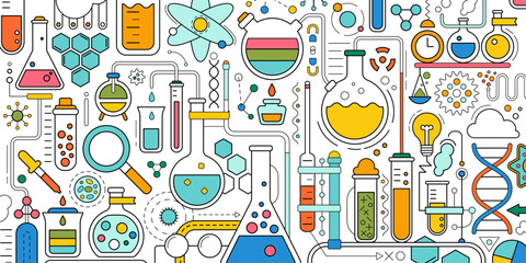 Science laboratory, school chemistry background with abstract geometric background. Medical, chemical or biology lab, school education concept with dna molecule, tubes and flasks, vector illustration