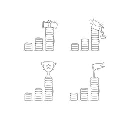 Scholarship concept with education certificate and money. Vector sketch illustration of tuition grant, study cost in college or university. Doodle set with diploma and coins stacks