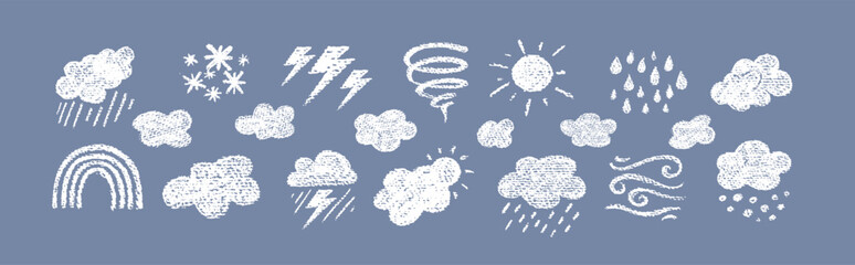 Crayon icons of weather, clouds and sun in sky. Doodle clouds with rain, lightning, snow, storm with chalk texture. Cute summer and winter weather icons drawn with crayon pencils, vector illustration