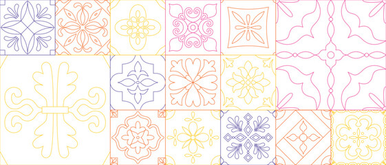 Linear abstract geometric background. Modern simple outline shapes, squares, figures. Minimalist design. Mediterranean tiles. Great for cover, flyer, brochure, banner, poster, website. Vector.