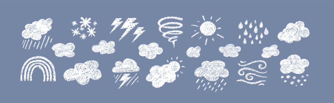 Crayon icons of weather, clouds and sun in sky. Doodle clouds with rain, lightning, snow, storm with chalk texture. Cute summer and winter weather icons drawn with crayon pencils, vector illustration