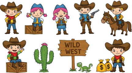 Cartoon cowboy kids in wild west scene, western characters with horse, cactus, money bags, wooden sign, cowboy outfits, vector illustration, fun children artwork