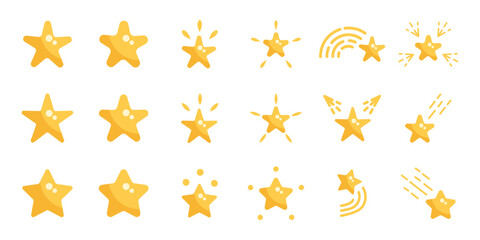 Fototapeta premium Stars decorations and stickers, golden yellow stars with beams and falling sparkles, luxury and quality indicator, celebrations cards decoration, rating star set. Vector illustration.
