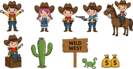 Cartoon cowboy kids in wild west setting with horse, cactus, wooden sign, money bags, lizard, western outfits, children illustration, vector clipart, adventure scene