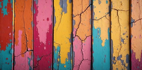 Cracked paint on aged wooden wall, vertical planks, rural, cracked