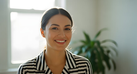 Smiling Young Woman Wearing Black and White Striped Shirt Indoors