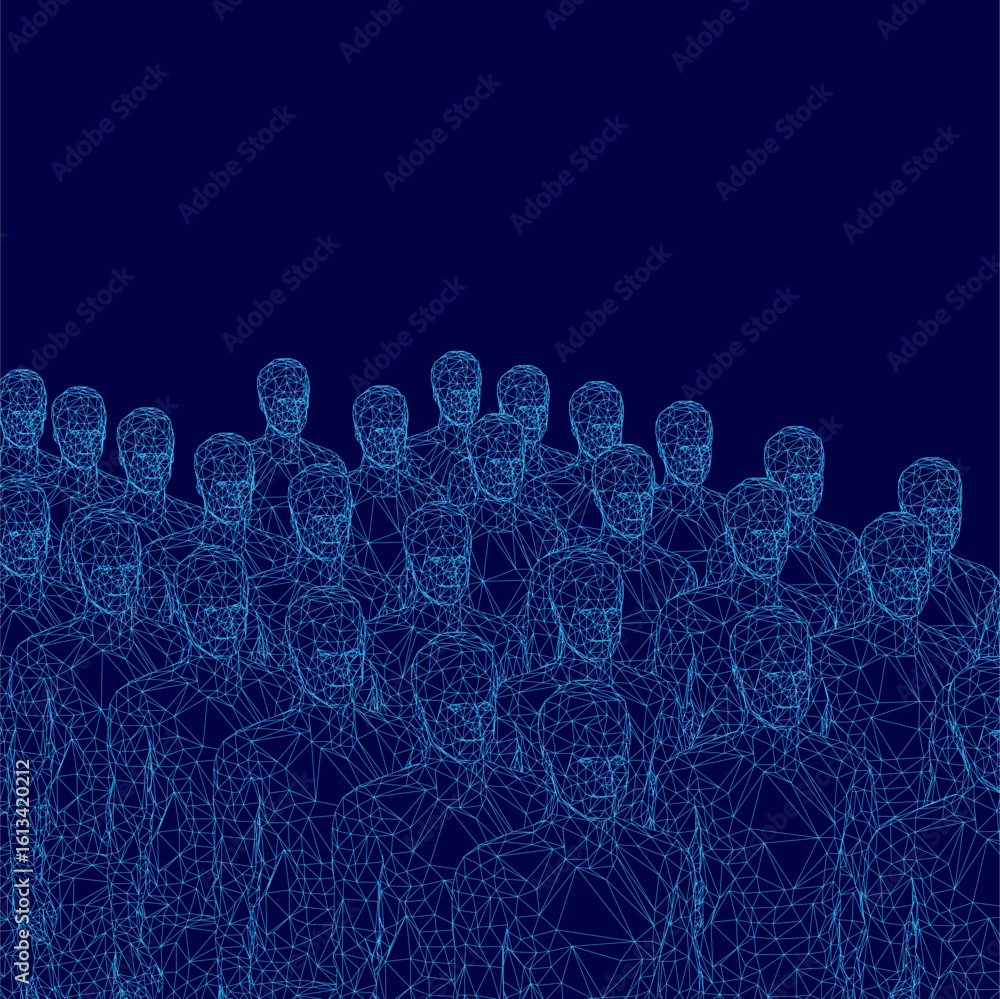 Poster a large group of people stands in a symmetrical line on a calming blue background, creating unity an