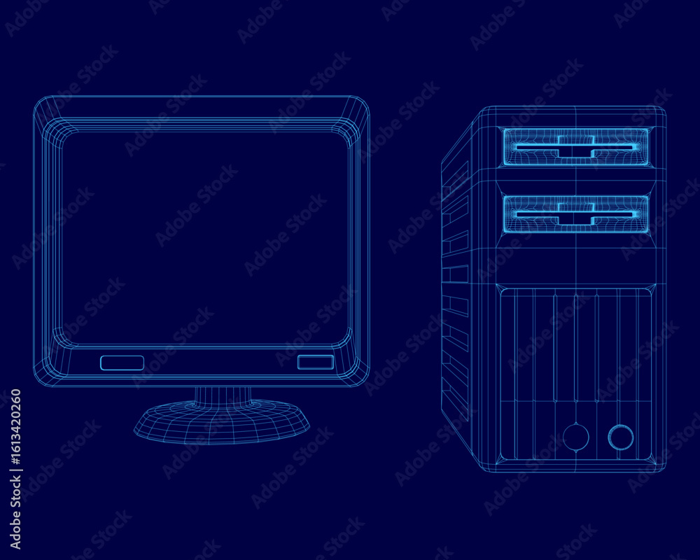 Poster a retro computer monitor and cpu displayed on a blue background with a detailed wireframe blueprint 