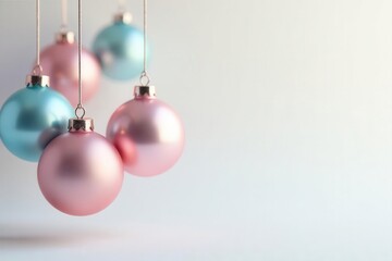 Delicate pastel-colored glass Christmas ball ornaments suspended from a ceiling against a pure white backdrop , aesthetic, christmas balls hanging, pastel glass ornaments