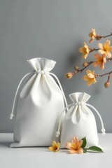 Elegant white pouches, sandalwood extract, gray backdrop Minimalist aesthetic , skincare, fragrance, high-quality