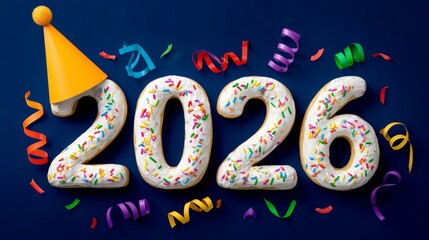 Cake with the number twenty-six written on it in colorful sprinkles and a party hat. The cake is decorated with a variety of colorful sprinkles, giving it a festive and celebratory appearance