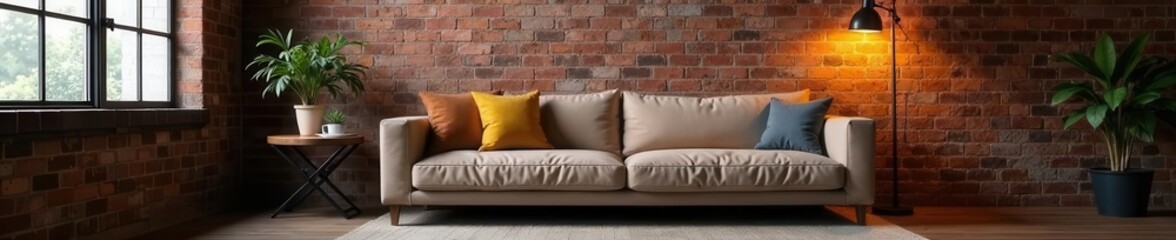 Exposed brick, metal accents, comfy sofa, industrial lighting, area, contemporary