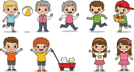 Cartoon kids playing, happy children, outdoor fun, summer activity, smiling boys and girls, cute characters, childhood joy, pets, ball game, fruit basket, wagon