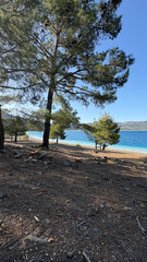 Blue lake scenery. River, trees, sky. Lake in Turkey drone view. High quality photo