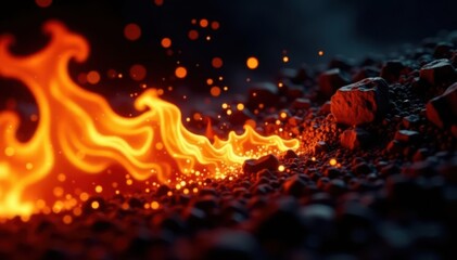 Fiery orange and yellow flames, bright sparks burst against a stark black backdrop , hot, illustration