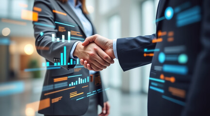 Financial gurus concept ,Handshake with financial mentor, business partnership, digital overlay, professional setting