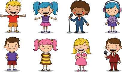 Cartoon kids singing, smiling children with microphones, happy boys and girls illustration, fun music activity, colorful child character set, joyful performance drawing