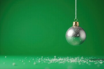 Green Christmas card with hanging silver glitter ball ornament , greeting, design, photography