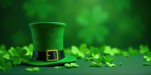 Green leprechaun hat, clover leaves, blurred green background St Patrick's Day , celebration, green background
