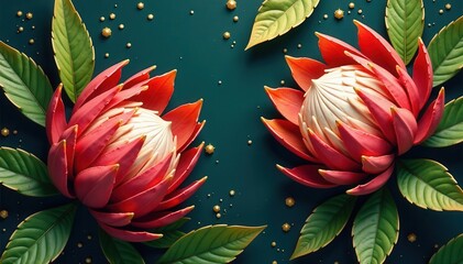 Hand-painted protea & leaves, gold crystal accents , art, elegant