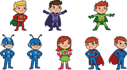 Cartoon kids superheroes team, boys and girls in colorful costumes, heroic poses, fantasy characters, capes, masks, fun adventure, comic style vector illustration.