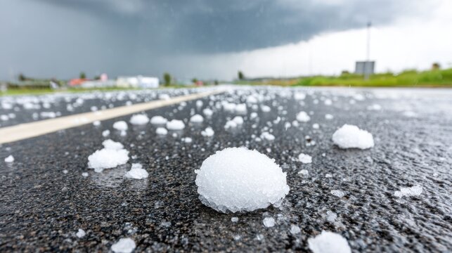 Hailstones on wet asphalt road, under a stormy dark sky, during a hailstorm.