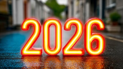 The year 2016 is written in neon lights on a wet street. The bright colors and glowing letters create a sense of excitement and anticipation for the new year