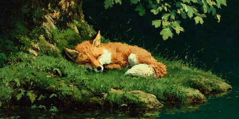 Sleeping Fox on Green Grass by the Water, Nature Illustration Style, Peaceful Wildlife Scene