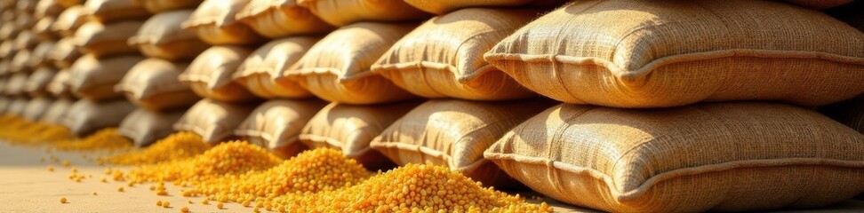 Stacked burlap sacks filled with rice Agricultural product background , vector, rice