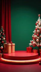 Stylish Christmas product display, empty stage, festive setting, marketing, background, holiday