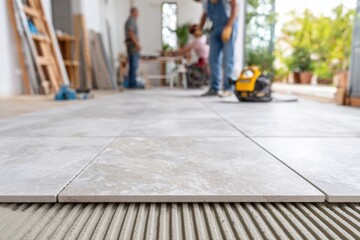 Close-up of grey tiles being laid, blurred workers in the background, installing floor tiles in a construction site, with visible adhesive ridges.