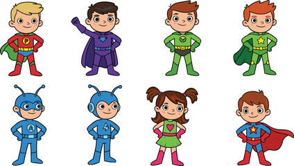 Cartoon superheroes, kids in hero costumes, colorful superhero characters, comic style children heroes, fantasy kids illustration, superhero clipart, boys and girls superheroes, vector design