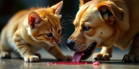 Starving dog, cat cleaning its face; close-up shot, drool, companionship, face, drool
