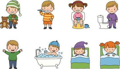 Children daily routine cartoon, brushing teeth, taking bath, sleeping, toilet training, bedtime routine, morning hygiene, cute kids illustration, colorful design, parenting concept.