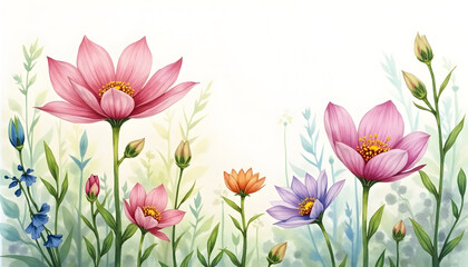 Colorful Watercolor Flowers Illustration on White Background